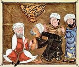 Maqāma (literally 'assemblies') are an (originally) Arabic literary genre of rhymed prose with intervals of poetry in which rhetorical extravagance is conspicuous. The 10th century author Badī' al-Zaman al-Hamadhāni is said to have invented the form, which was extended by al-Hariri of Basra in the next century. Both authors' maqāmāt center on trickster figures whose wanderings and exploits in speaking to assemblies of the powerful are conveyed by a narrator.<br/><br/>

Manuscripts of al-Harīrī's Maqāmāt, anecdotes of a roguish wanderer Abu Zayd from Saruj, were frequently illustrated with miniatures.