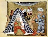 Maqāma (literally 'assemblies') are an (originally) Arabic literary genre of rhymed prose with intervals of poetry in which rhetorical extravagance is conspicuous. The 10th century author Badī' al-Zaman al-Hamadhāni is said to have invented the form, which was extended by al-Hariri of Basra in the next century. Both authors' maqāmāt center on trickster figures whose wanderings and exploits in speaking to assemblies of the powerful are conveyed by a narrator.<br/><br/>

Manuscripts of al-Harīrī's Maqāmāt, anecdotes of a roguish wanderer Abu Zayd from Saruj, were frequently illustrated with miniatures.