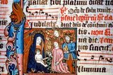 The Magi, in royal or aristocratic dress, come to adore Christ child and to bring gifts of frankincense, gold and myrrh.<br/><br/>

From the Ranworth Antiphonal of c.1460-1480 - its professional but provincial decoration suggest it was made in the Norwich area for use in the Norwich diocese (at Ranworth church, Norfolk, by 1505).